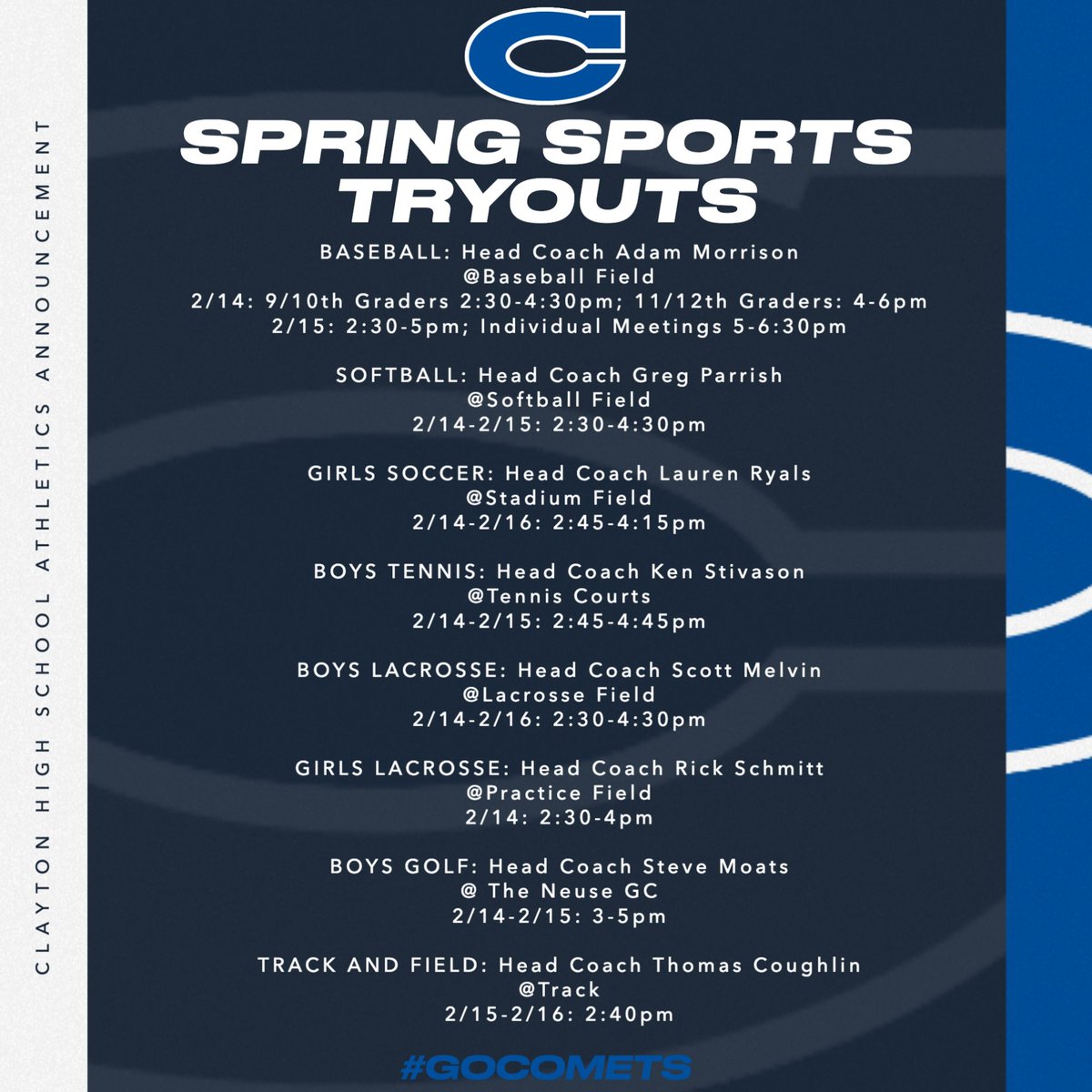 ‼️Spring Sports Tryouts‼️

Please see the attached information for dates/times/locations for our Spring sports tryouts!  Less than 2 weeks to go!  

Athletes: make sure to be cleared in FinalForms before your tryout date or you CANNOT participate!

⚾️🥎⚽️🎾🥍🏃‍♂️🏃‍♀️🏌️

#GoComets