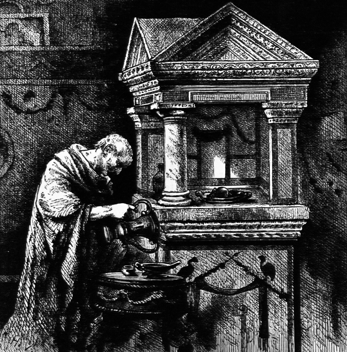 Head of a Roman House Offering Sacrifice at the Lararium — A Popular History of Rome by D. Rose (1886)