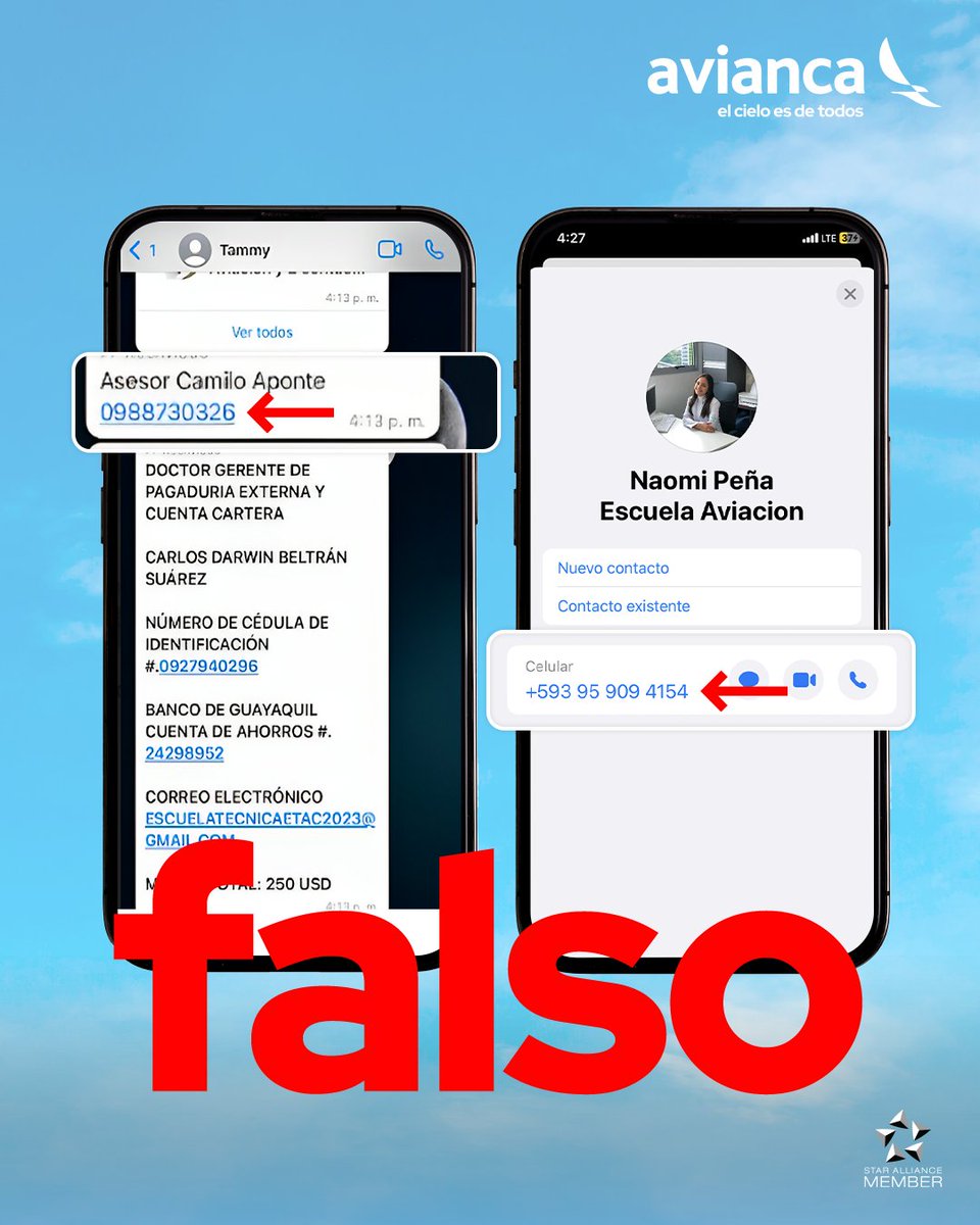 aviancasam's tweet photo. ¡#FALSO! 🚨
#Ecuador: Se están enviando mensajes fraudulentos suplantando la imagen de la compañía por WhatsApp. Algunas personas intentan robar los datos personales de los viajeros, a través de solicitudes engañosas de empleo. No caigas en estas estafas y corre la voz: https://t.co/scdGLgMh6J.

#ProtegeTusDatos