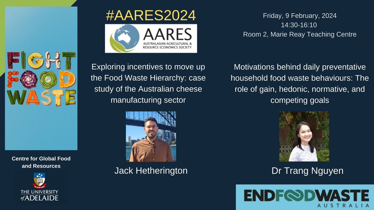 🌍Heading to @AARES_Inc 2024? Don't miss our sessions on #foodwaste issues! 🧀 @Jackbheth explores 'a better whey' in cheese manufacturing. 🍇 @trangnguyen4455 dives into household behaviours reducing food waste. Projects supported by @EndFoodWasteAus #FoodWasteReduction