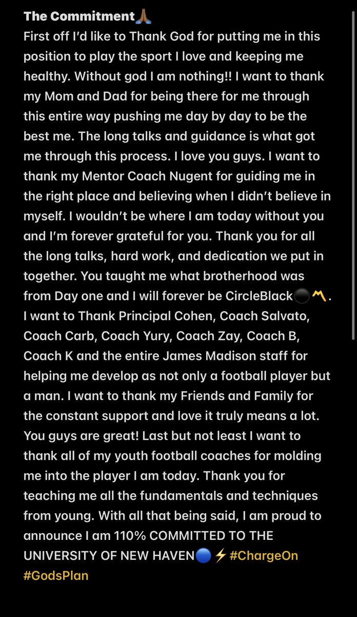 TamelM55's tweet photo. 110% COMMITTED🔵⚡️@CoachPince @CoachMattScott @UNewHavenFB @Coach_Nu27 #ChargeOn #CircleBlack⚫️ https://t.co/Bhz5MGAOax