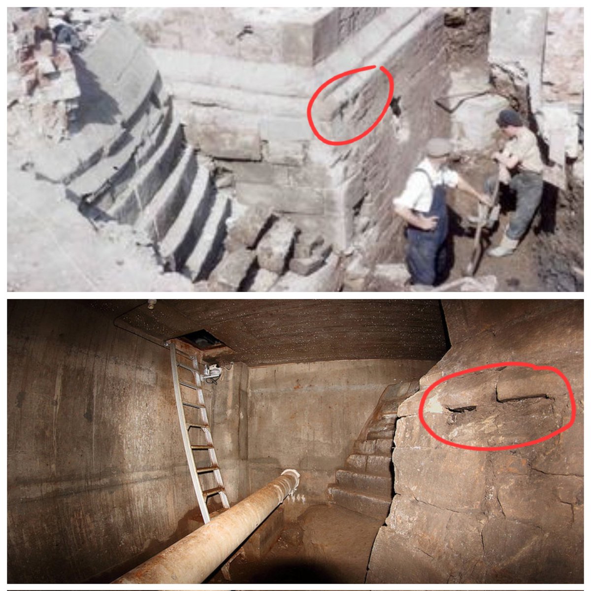 As work commences on the Sheffield Castle site an early target is revealing the gatehouse base. 
The top image is from the 1950's. The bottom from @SheffieldCastle shows , from a different angle the same structure still intact and waiting to be uncovered #Sheffield