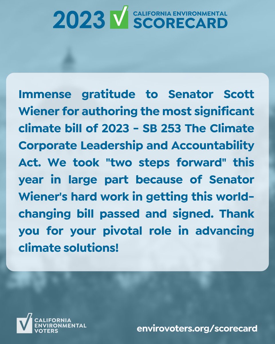 envirovoters's tweet photo. We want to highlight @Scott_Wiener for authoring the biggest climate bill in the nation in 2023-- #SB253
CA took "two steps forward" in climate this year in large part because of Senator Wiener's hard work in getting this world-changing bill passed and signed.
Thank you! https://t.co/iSPEewUTdX