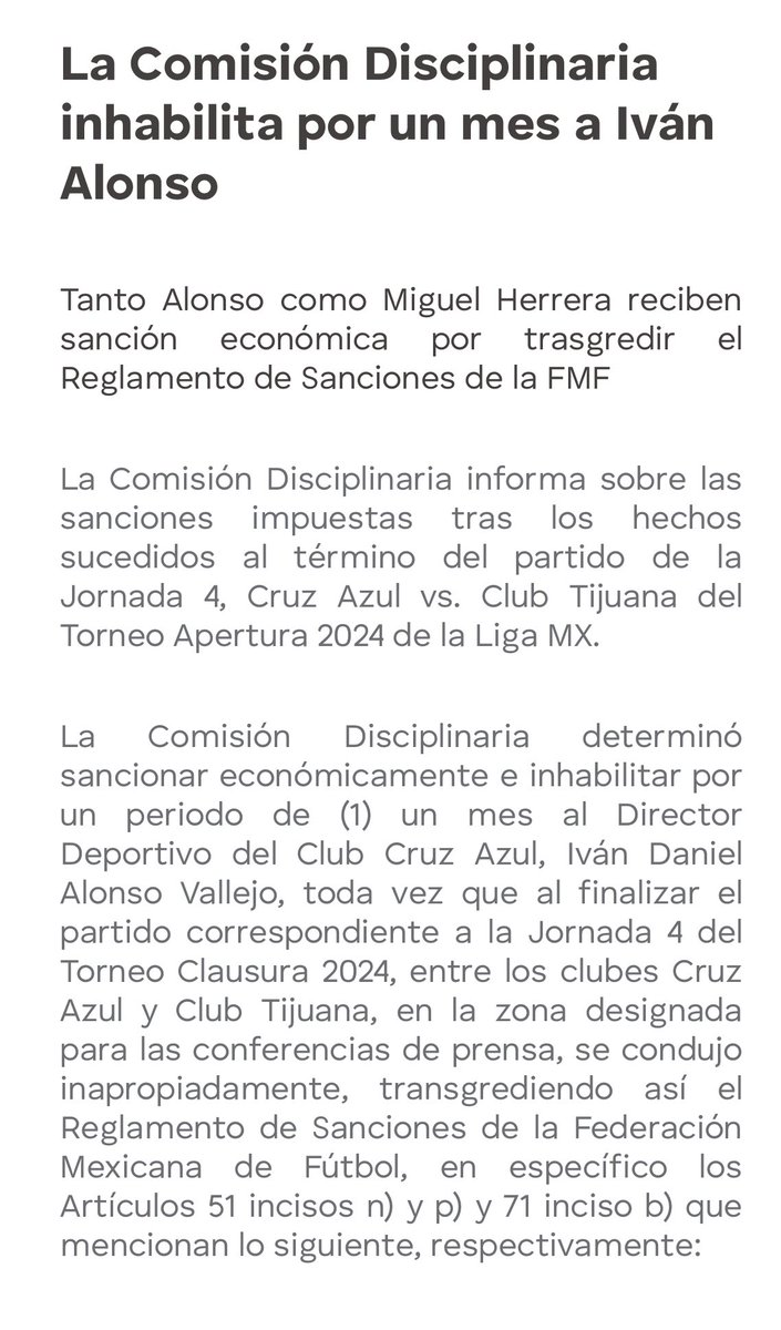 cordova_sports's tweet photo. 🚨 UN MES INHABILITADO IVÁN ALONSO 🔴

MIGUEL HERRERA ÚNICAMENTE SANCIÓN ECONÓMICA 

Así lo determinó la Comisión disciplinaria de la @FMF . https://t.co/oFyU03B0Bt