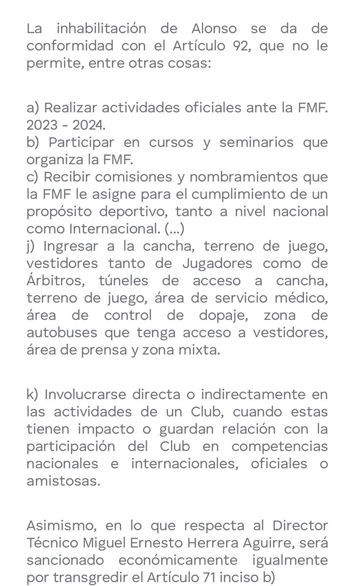 cordova_sports's tweet photo. 🚨 UN MES INHABILITADO IVÁN ALONSO 🔴

MIGUEL HERRERA ÚNICAMENTE SANCIÓN ECONÓMICA 

Así lo determinó la Comisión disciplinaria de la @FMF . https://t.co/oFyU03B0Bt