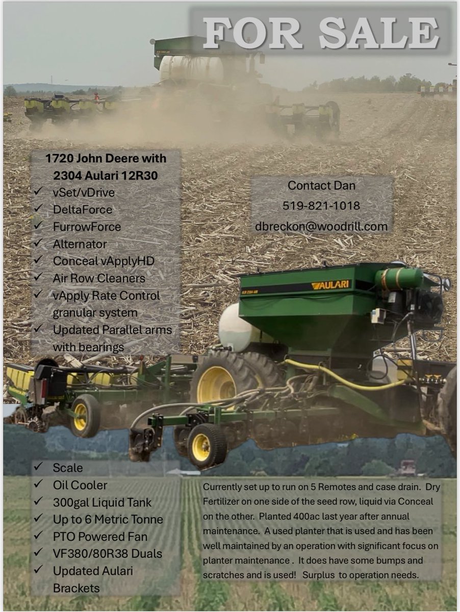 breckonsbest's tweet photo. Used 1720 JD and Aulari coming for Sale soon. Precision Planting agronomically advanced. See details in second picture. Email/DM me your contact info if you want price update when it is posted.
#precisionplant https://t.co/sf8P9GH4NL