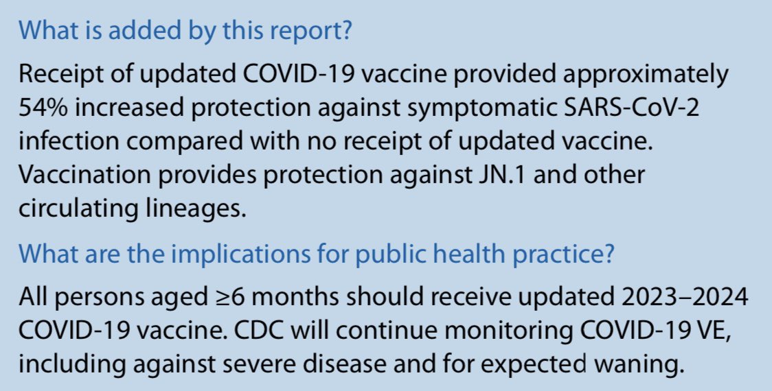 RWittenbrink's tweet photo. ‼️Der XBB.1.5-Impfstoff bietet einen um 54 % erhöhten Schutz gegen symptomatische Infektionen (auch gegenüber der JN.1-Variante) im Vergleich zu einer Nichtimpfung.
CDC: „Alle Personen im Alter von ≥6 Monaten sollten den aktualisierten
#COVID19-Impfstoff erhalten.“
#Coronavirus https://t.co/fCK3IKBLXd