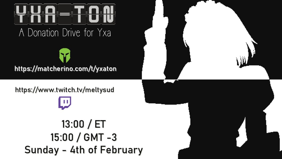 MeltySud's tweet photo. Last month our fellow member and friend of the community @Yxazel1322 found himself on a homeless situation with barely any money to survive.
Thats why along with @ReBeatBrasil &amp; other friends we bring you the Yxa-ton, a series of exhibitions to fundraise donations!

Links below⬇️ https://t.co/w82nbmk3rH