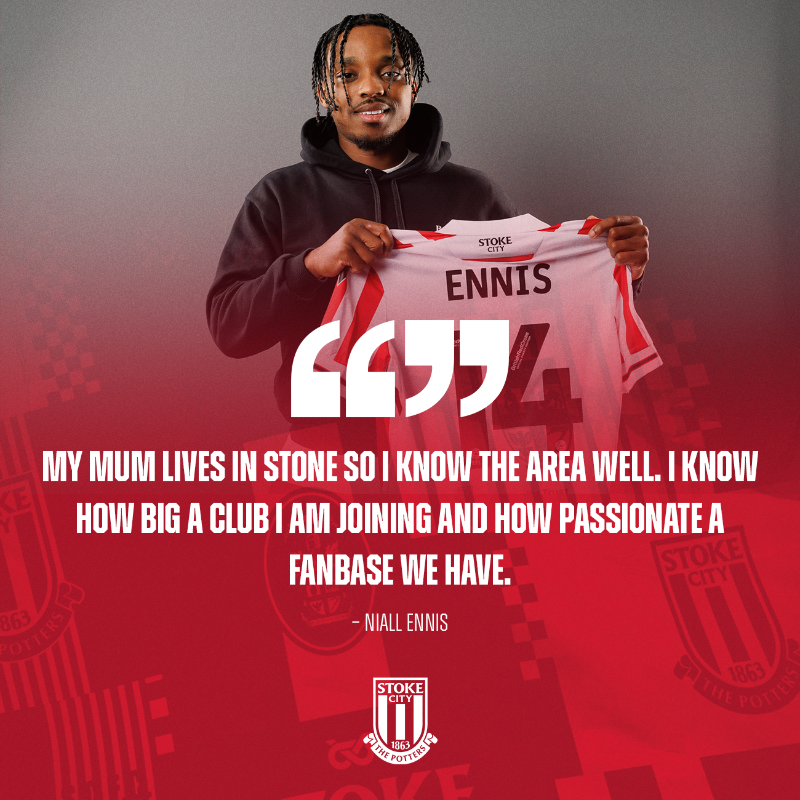 stokecity's tweet photo. Ennis the menace.

Forward Niall Ennis is a Potter.