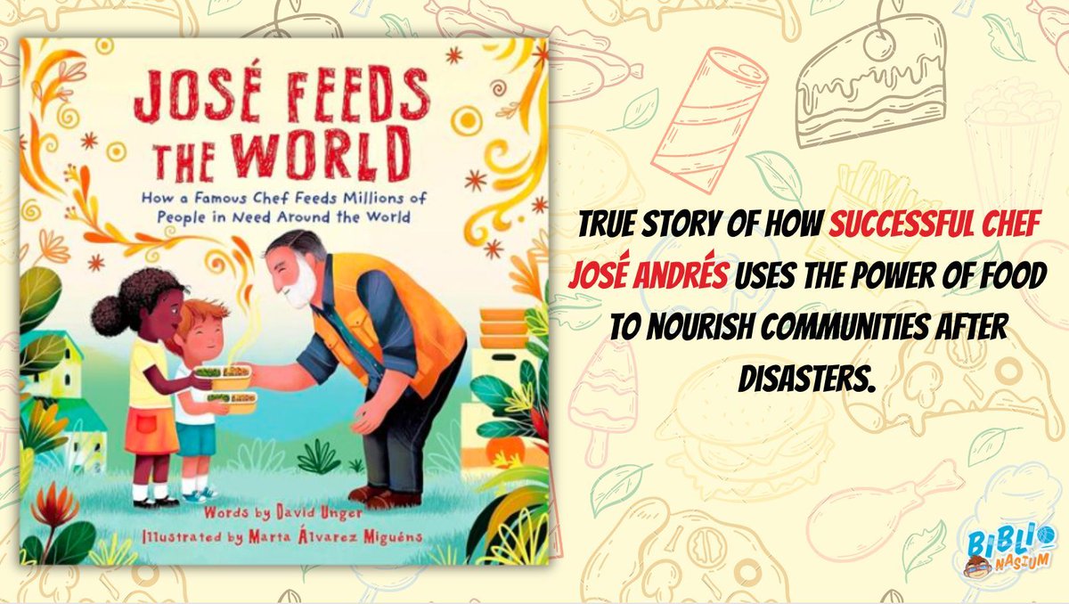 Biblionasium's tweet photo. Beautiful artwork from incredible illustrator Marta Álvarez Miguéns brings the story off the page. 😍 ✨ 🎨 

José Feeds the World with words by David Unger, OUT NOW! 🤩 

@SourcebooksKids
@SBKSLibrary
@Sourcebooks 

#picturebook #informationbook #kidlit #childrensbook https://t.co/6S4HaaAp5A