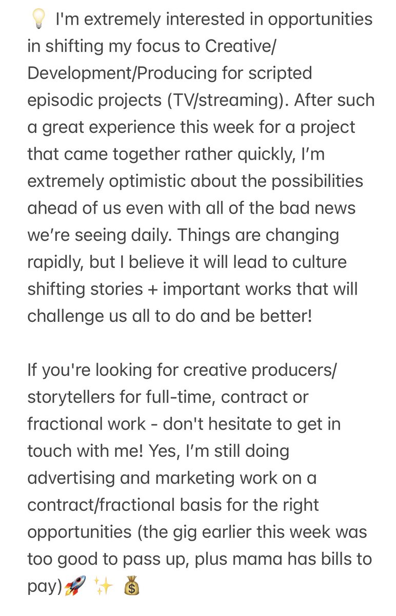MsGlea's tweet photo. Hey friends - itβs time for another installment of my #fyc #hiregleananow brand awareness campaign to attract my next gig in #scripted #episodic #creative #development #creativeproducing if you take the time to π the text thereβs good news π as well! Thank you thank you! ππΎππΎπ https://t.co/JQngqmpK5Q