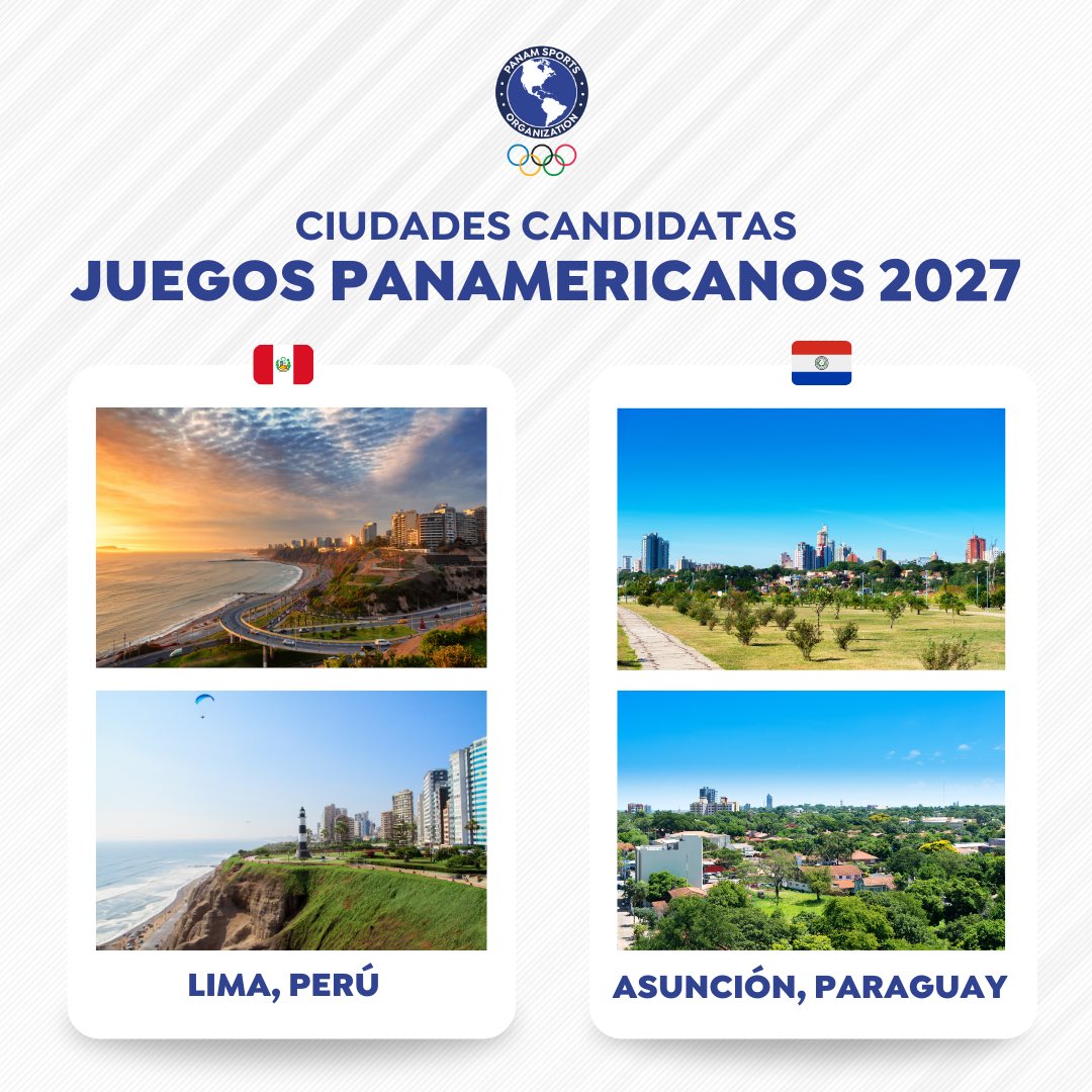 PanamSports's tweet photo. LIMA Y ASUNCIÓN SON LAS CIUDADES CANDIDATAS PARA LOS JUEGOS PANAMERICANOS 2027. 🏟️

Las capitales de Paraguay 🇵🇾 y Perú 🇵🇪 postularon oficialmente y entre ellas saldrá la ciudad sede que albergará los XX Juegos Panamericanos de la historia. https://t.co/32d5kIqhit