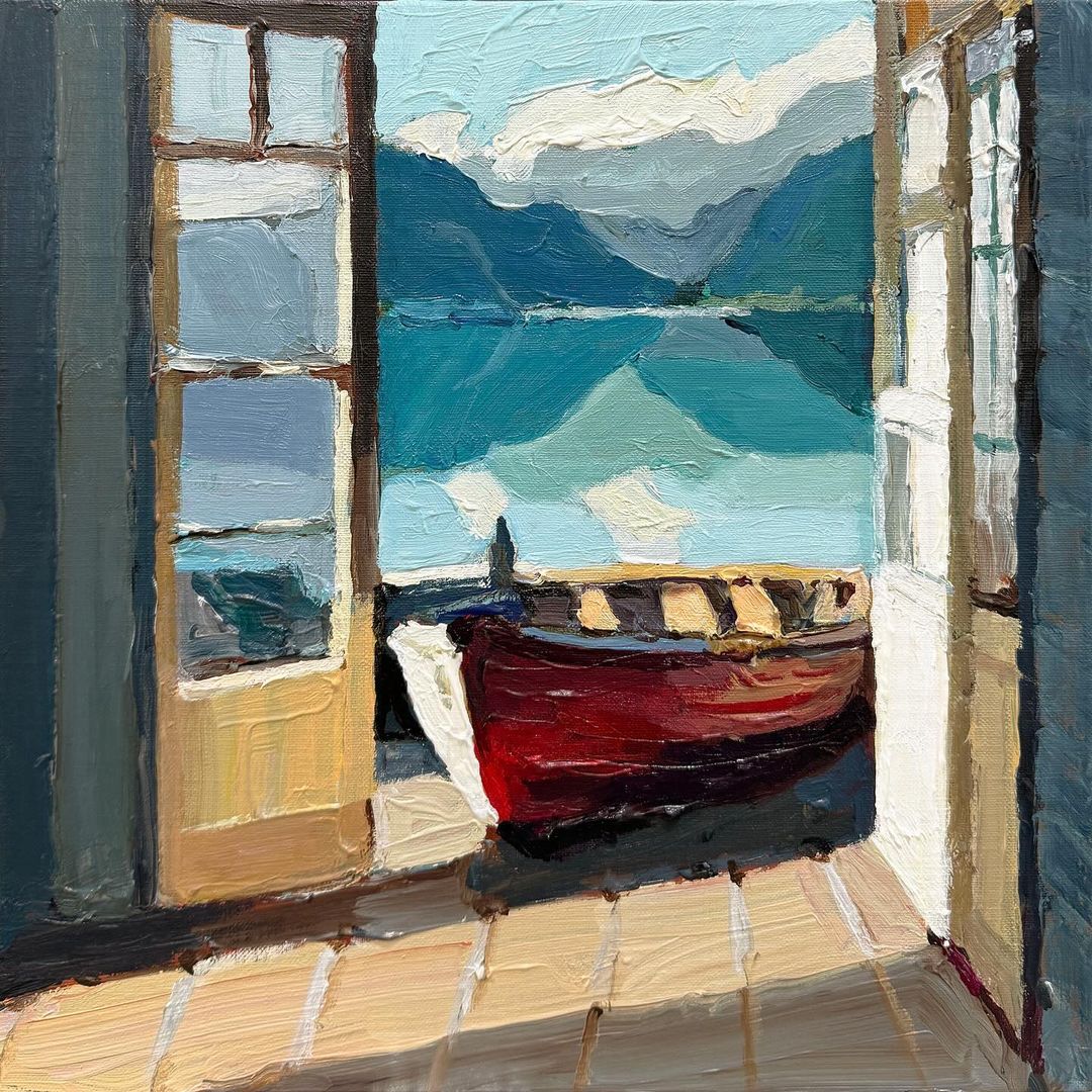 Really enjoying painting travel memories! 🇳🇴 In Norway we emerged into this very pretty village at Valldal. I imagined what it would be like to live on the water and be taking the boat for a spin around this magnificent fjord…

“Boathouse”, 30X30cm, acrylic on linen panel.