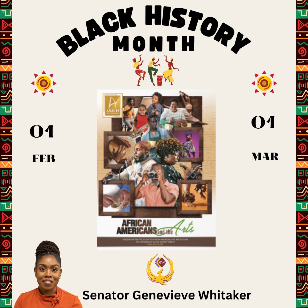 SenatorWhitaker's tweet photo. Join Senator Genevieve Whitaker in celebrating #BlackHistoryMonth! This year's theme is “African Americans and the Arts.” As a dedicated human rights activist, Senator Whitaker's life's work aligns with addressing historical wrongs. Learn more: https://t.co/R1yqyCcFX6 🌟 https://t.co/as283mnqjW