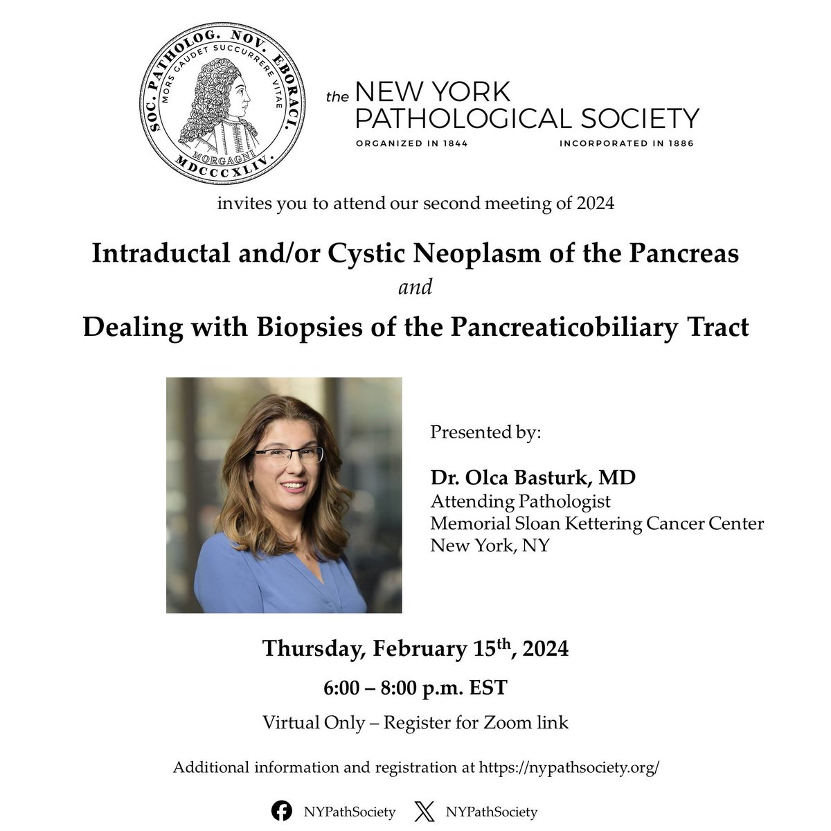 NYPathSociety's tweet photo. Interesting in learning about cystic neoplasms of the pancreas? Struggling with pancreaticobiliary tract biopsies? Join us for our next virtual meeting on 2/15/2024!

Register here for Zoom link: https://t.co/dm2o1VXTpk

#GIPathology #NYPathSociety #SurgP ath #PathTwitter https://t.co/C9ZKDz0OMH