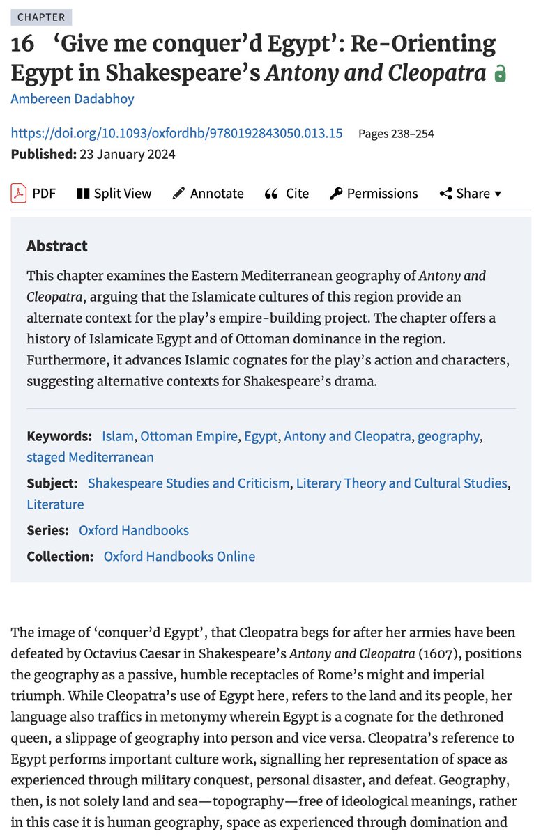 I'm in here, too, discussing Antony & Cleopatra as a Staged Mediterranean play and the Ottoman-Islamicate contours of Shakespeare's Egypt. #ShakeRace