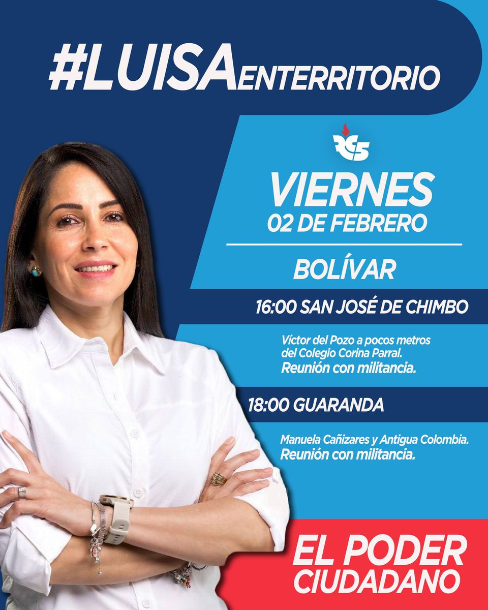 Rc5Bolivar's tweet photo. La Dirección Provincial de la RC5 en Bolívar en conjunto con las autoridades electas invita a la militancia, simpatizantes y ciudadanía en general a la reunión con nuestra compañera Presidenta Luisa González en su visita a la Provincia Bolívar. 💙🖐️💙 https://t.co/d5ufBaAjUv