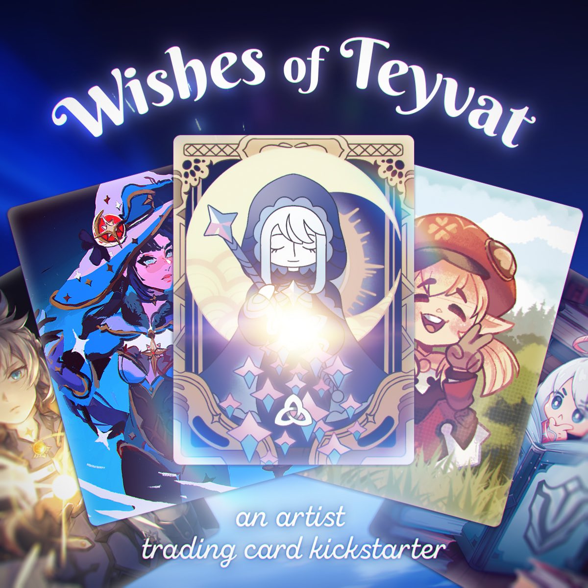 WishesofTeyvat's tweet photo. Wishes of Teyvat launches tomorrow!  Our #GenshinImpact Trading Cards come in randomized foil packs &amp; box sets. Collect all the characters, places, &amp; creatures of #Mondstadt in their common, rare, &amp; super rare versions! #genshin #venti #barbatos #diluc #klee #kaeya #albedo 🔗⬇️ https://t.co/GdRsIUVBP3