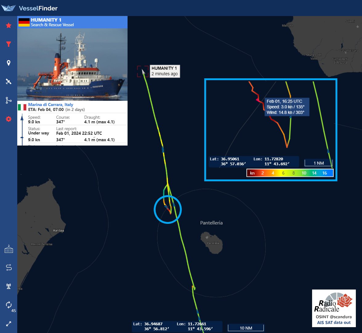 scandura's tweet photo. ๐ข 40 Naufraghi circa - a bordo di un gommone usa&getta sovraccarico partito due giorni fa dalla #Tunisia - sono stati assistiti a 12 miglia NW #Pantelleria dalla nave ONG ๐ข#Humanity1 fino all'arrivo della vedetta ๐ข#CP331โ๏ธ๐ฎ๐น che li ha soccorsi.
๐OSINT map Radio Radicale https://t.co/nKa5xedL8W