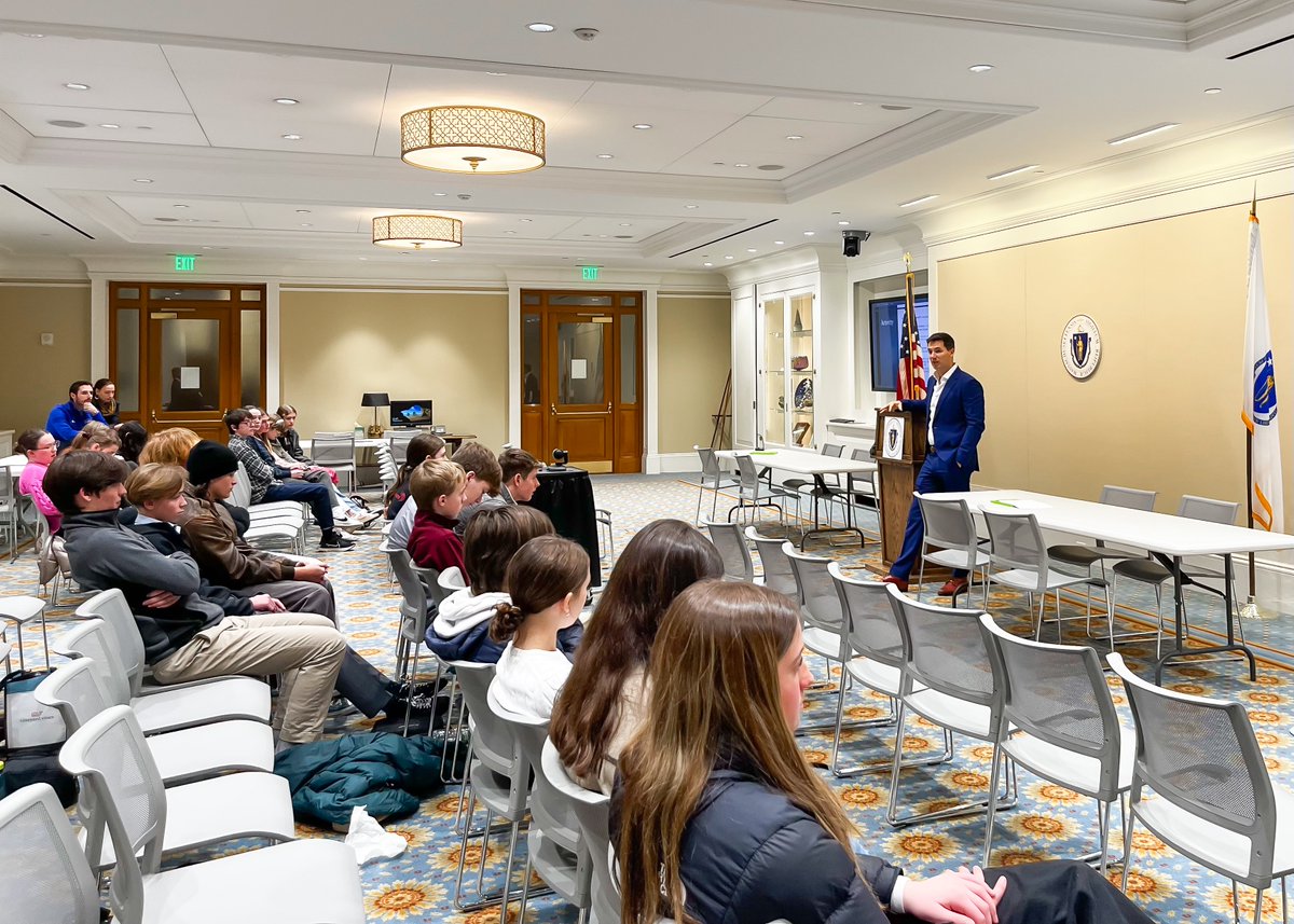 Tackling our biggest challenges demands young voices leading the way. Speaking with the students from <a href="/FalmouthAcademy/">Falmouth Academy</a>'s Changing Earth climate group at the State House today about how they can get involved and create change.