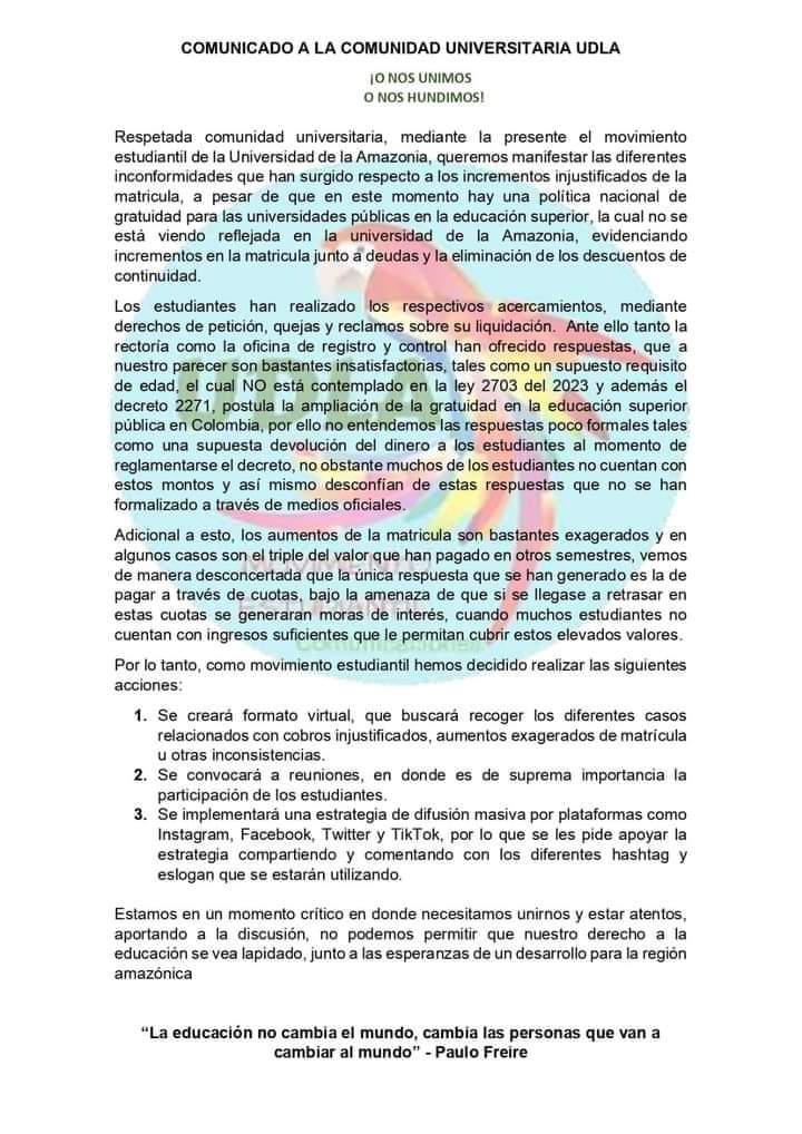 suarezvacca's tweet photo. La nueva política de gratuidad será progresiva y ¡YA SE ESTÁ EJECUTANDO!, tal y como ha dispuesto el #GobiernoDelCambio.

Me preocupa la denuncia de los estudiantes de la @uniamazonia. ¿Por qué se están generando cobros tan altos? https://t.co/nrAzepbyNX