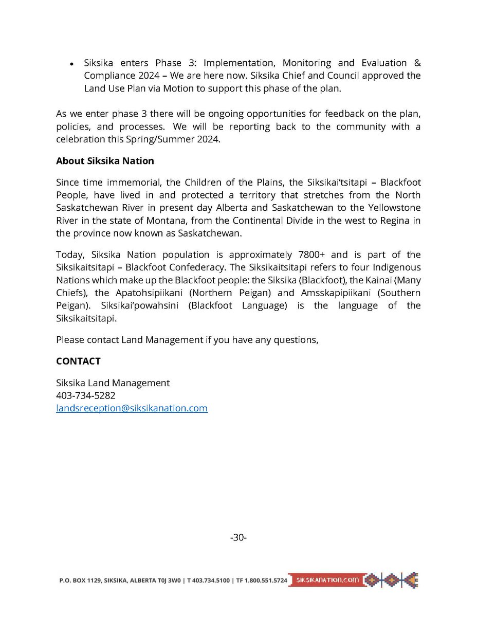 FOR IMMEDIATE RELEASE Siksika Nation marks a milestone in their Land Use Plan Siksika Nation is pleased to announce that Ohkinniinaa and Ninaaks (Siksika Nation Chief and Council) has officially approved Siksika Nation’s Land Use Plan.  MORE INFO: siksikanation.com/siksika-nation…