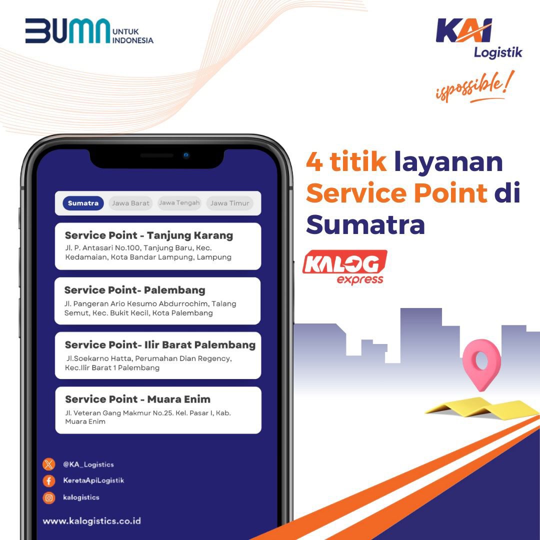 KA_Logistics's tweet image. Hai, Sobat KALOG.
Penasaran bisnis KAI Logistik di Sumatra Selatan dan Lampung? Untuk lebih lengkapnya, yuk cek foto berikut!

KAI Logistik, Ispossible
#kailogistik #servicepoint #kalogpro #kalogexpress #sumatraselatan #lampung #batubara #kirimbarang