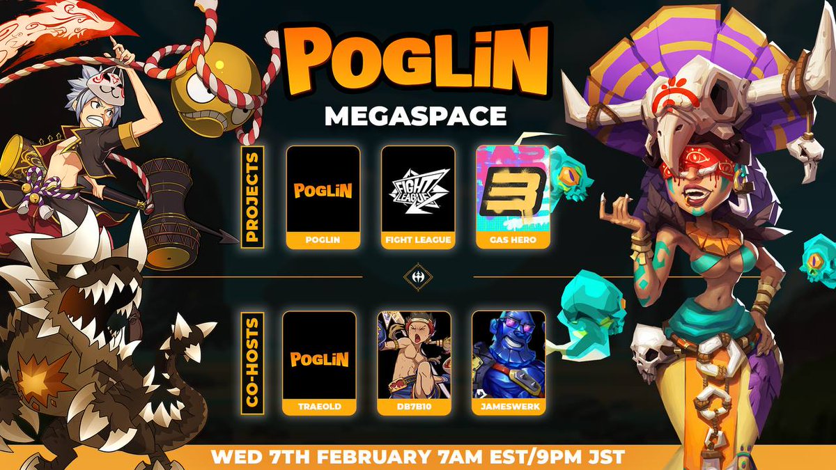 POG_Arcade's tweet photo. Poglin Mega Space w/ @GasHeroOfficial @PlayFightLeague 

🗓: Feb 7th · 7AM EST · 9PM JST
🔗: https://t.co/zTFqn7CDR3

🧡Like + RT this post
🧡Tag 3 friends to come join 
🧡Post a question that you have to any of the projects

We will be giving away:
1) Poglin Nycra NFT
2) 100 $GMT
3) 1 WL to Fight Leagues upcoming mint