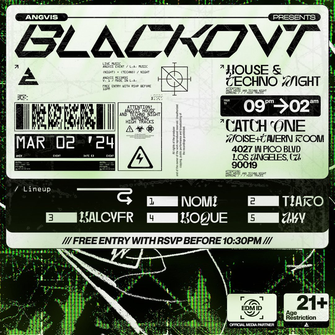 EDMIdentity's tweet photo. We've got another show coming in hot to LA to kick off the spring season - ANGVIS Presents BLACKOVT at Catch One!

This show features forward-thinking artists like @xxakyofficialxx @kalcyfr @koque_official and more.

Grab tix now via the link in our bio. https://t.co/r1pDc82cEi