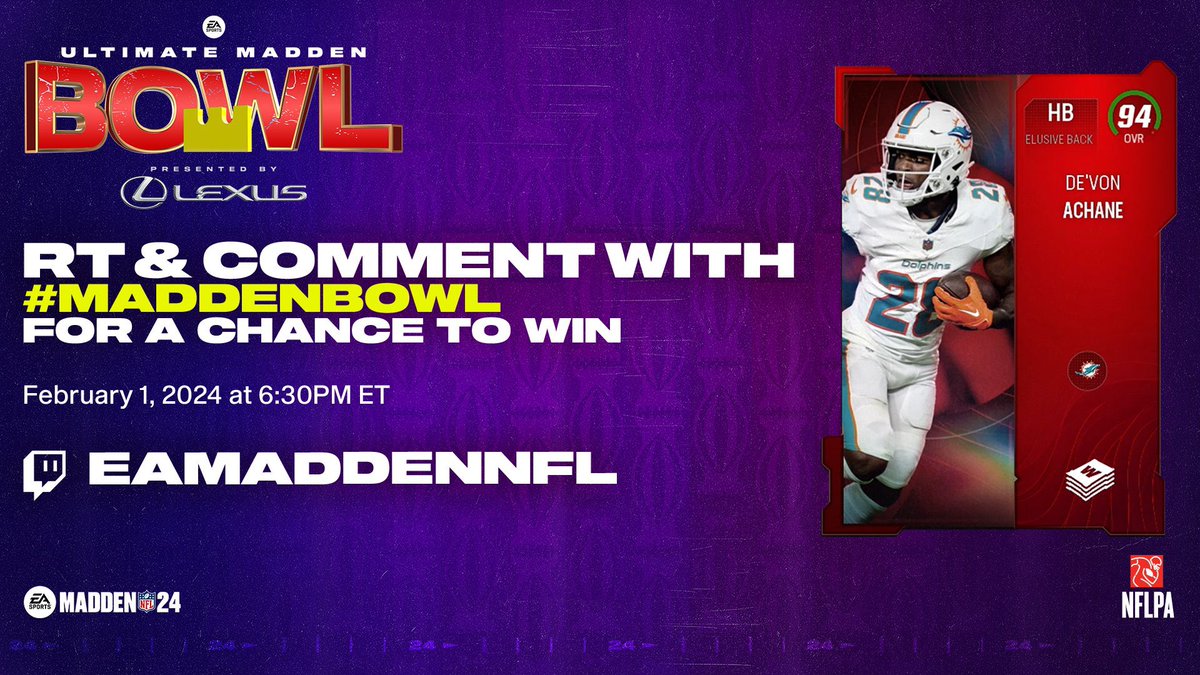 It’s #MaddenBowl Time❗️$1,000,000 ON THE LINE. 😳

🚨 RT &amp; Comment for a chance to win a FREE 94 OVR DEVON ACHANE 🔥🚨

Tune in @ 6:30 👉🏽 twitch.tv/eamaddennfl