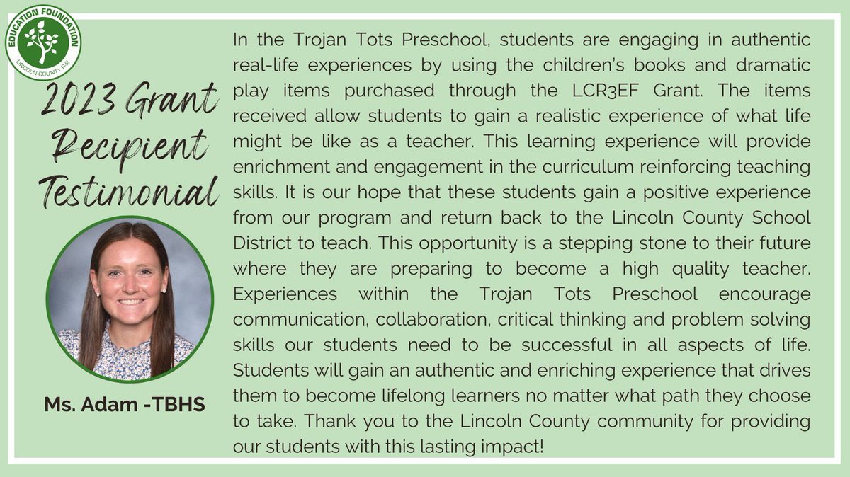 Ms. Adam received a 2023 Education Foundation Grant for the Trojan Tots Preschool. Thank you to our donors for helping to provide this opportunity for TBHS students! #supportourstudents #proud2br3 #lcr3ef
