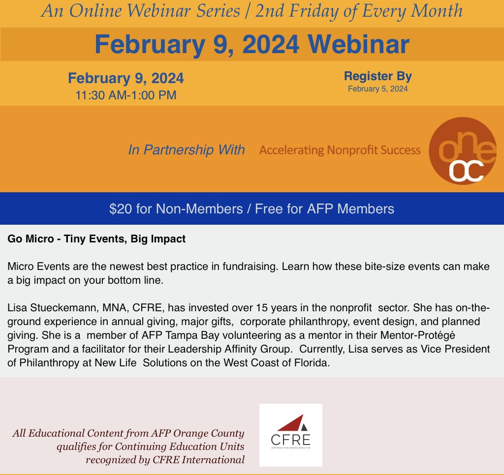 AFPOrangeCounty's tweet image. Don't miss our February Webinar: Go Micro - Tiny Events. Big Impact!
bit.ly/AFPOCWebinar