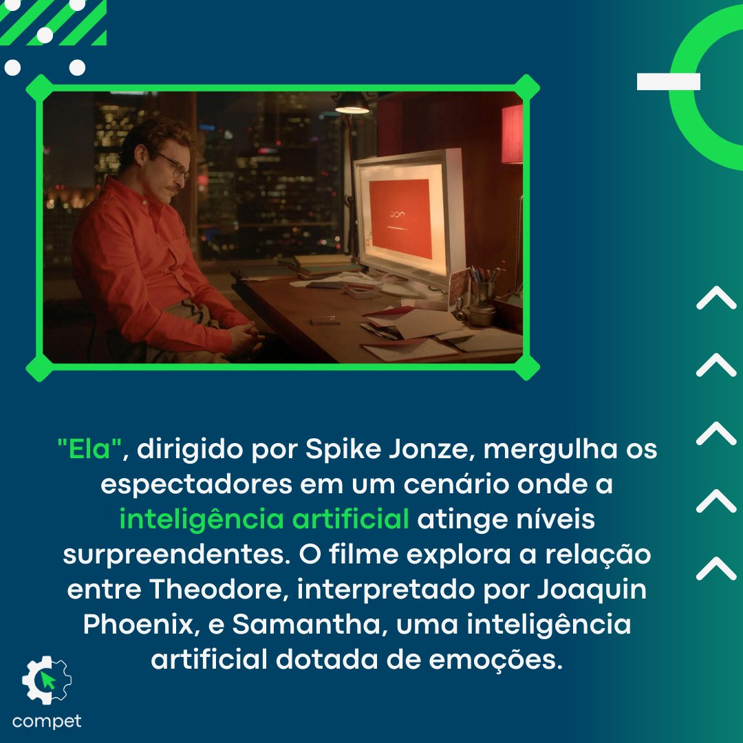 compet_cefet's tweet photo. No COMPET indica desta semana, adentramos o universo futurista de "Ela". Sob a direção de Spike Jonze, o filme nos transporta para um cenário onde a inteligência artificial atinge níveis extraordinários. https://t.co/sA9eNypbE5