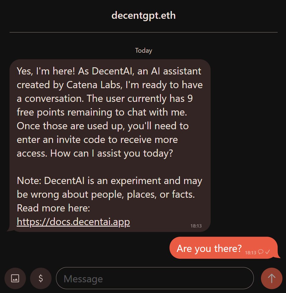 DaShak's tweet photo. Hitting you up for a DecentPass, @jay_wooow!
Intriguing experiment!
I'm located in Canada, but reached #DecentAI via @converseapp_ https://t.co/ChJOOqAPZc