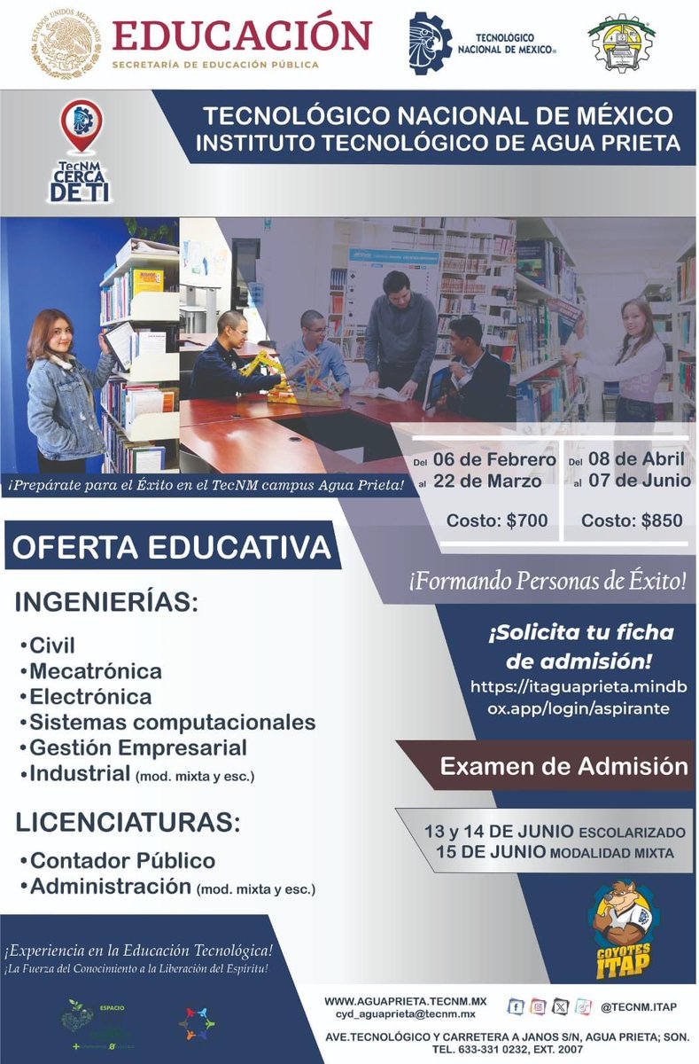 TecNM_MX's tweet photo. #TecNMCercaDeTi
El #TecNM campus Agua Prieta, te invita a formar parte de su #ComunidadTecNM a través de su oferta académica.

Solicitar ficha 👉 https://t.co/fne1xtw8B4

#TransformamosLaEducación
#ConvocatoriaTecNM
#CarrerasUniversitarias
#Convocatorias2024
#EstudiosSuperiores https://t.co/NSjnVI95qB