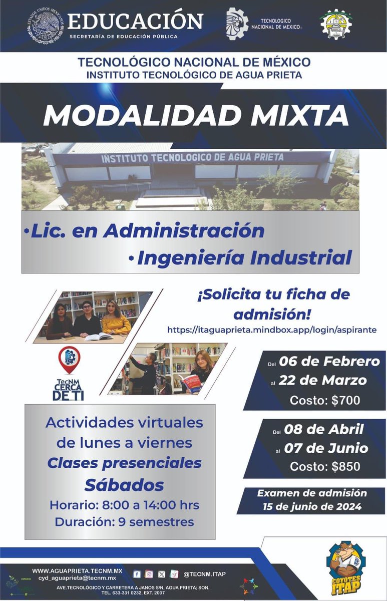 TecNM_MX's tweet photo. #TecNMCercaDeTi
El #TecNM campus Agua Prieta, te invita a formar parte de su #ComunidadTecNM a través de su oferta académica.

Solicitar ficha 👉 https://t.co/fne1xtw8B4

#TransformamosLaEducación
#ConvocatoriaTecNM
#CarrerasUniversitarias
#Convocatorias2024
#EstudiosSuperiores https://t.co/NSjnVI95qB