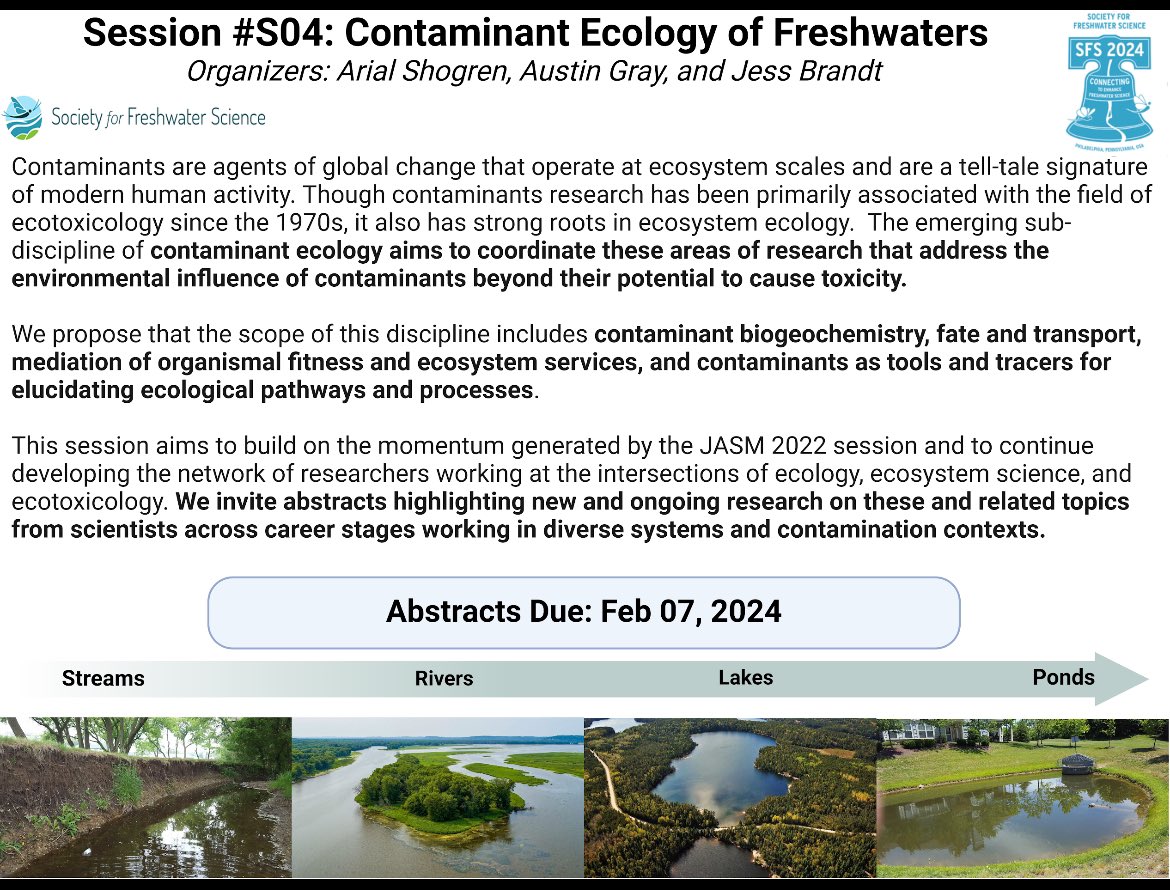 austin_doug13's tweet photo. Those attending #SFS2024, please consider submitting to our session “Contaminant Ecology of Freshwaters”, organized by @DrArialShogren , @EcoStressJess , and me. This is a follow up to our successful #JASM2022 session. Deadline is Feb 7th @BenthosNews @SE_SFS @sfs_src @EmergeSfs https://t.co/RldEoPXYfL
