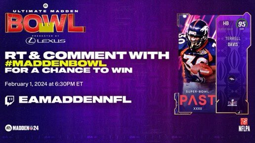 tdavisbrand's tweet photo. 🚨 Giveaway Alert

🏈 2 people punch their ticket to Vegas TONIGHT

🎮 RT, Follow, and Comment #MaddenBowl for your chance to win this 95 OVR

👉🏻 Make sure you tune in to the broadcast starting at 630p EST at https://t.co/8gDUUHm3Sj https://t.co/APaoxw2cNq