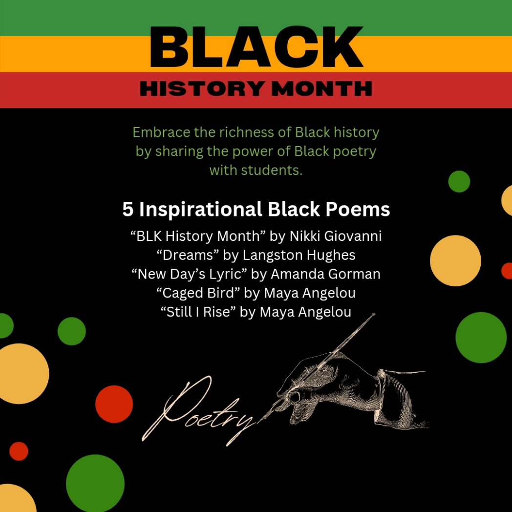 Celebrating Black History Month! Join us in honoring the profound impact of Black poetry. Share the beauty, resilience, and power of Black voices by integrating poems by Black artists into your classrooms. Let's inspire and educate together! #BlackHistoryMonth #BlackPoetry