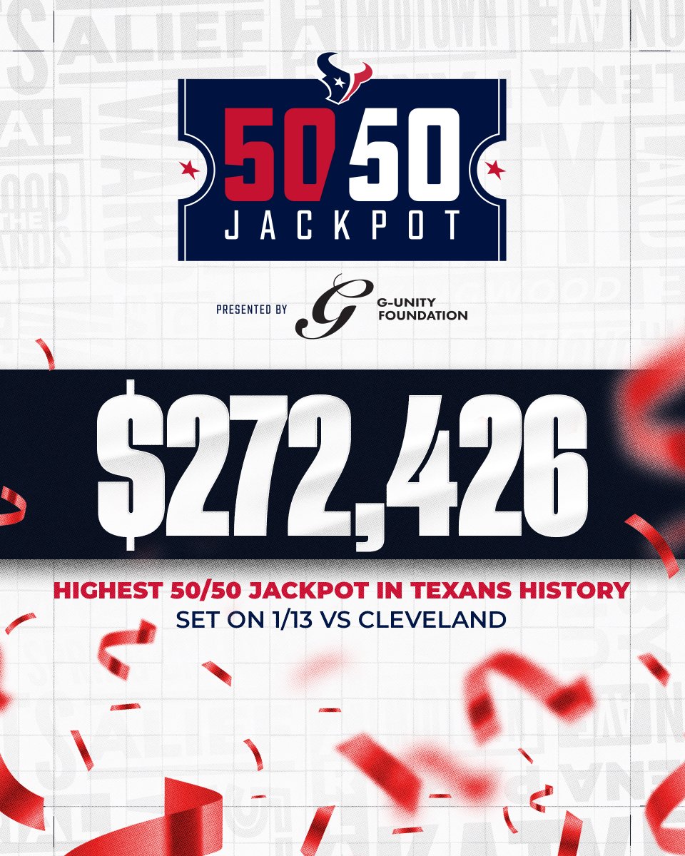 HoustonTexans's tweet photo. Setting records ✅
 
H-Town broke the single-game jackpot record for our 50/50 program presented by @50cent's #GUnityFoundation, bringing our season total to over $1.2 million 🤘 https://t.co/RhMF3UOdmv