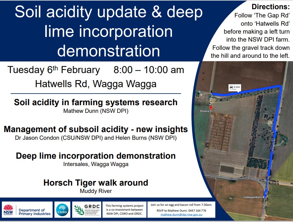 #fielddaysareus 'Soil acidity update & deep lime incorporation demo'. Next Tuesday, 6th February @ Wagga @ 8am @nswdpi @CSIRO @GRDCNorth @theGRDC @MathewDunn19