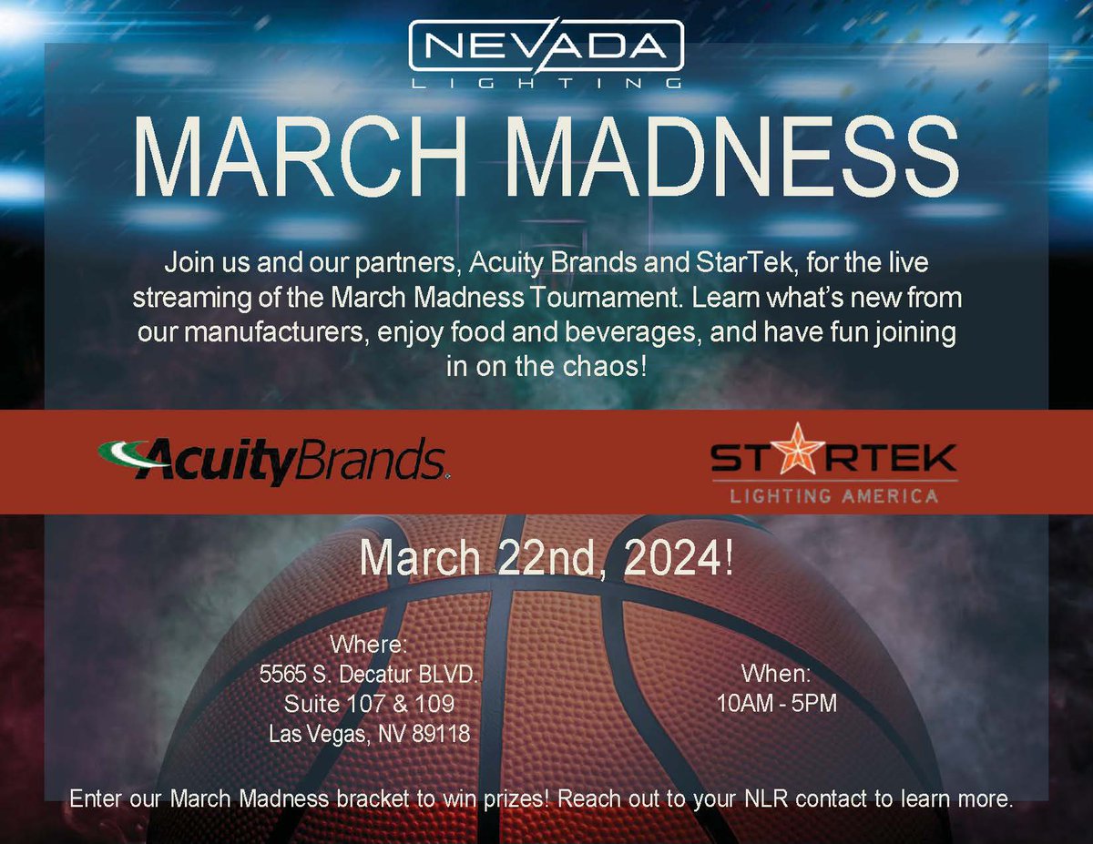 We’re back! Join us Friday, March 22nd, for our March Madness event with Acuity Brands and StarTek. Enjoy food, fixtures, and fun while we live stream the first round of the March Madness Tournament.  🏀