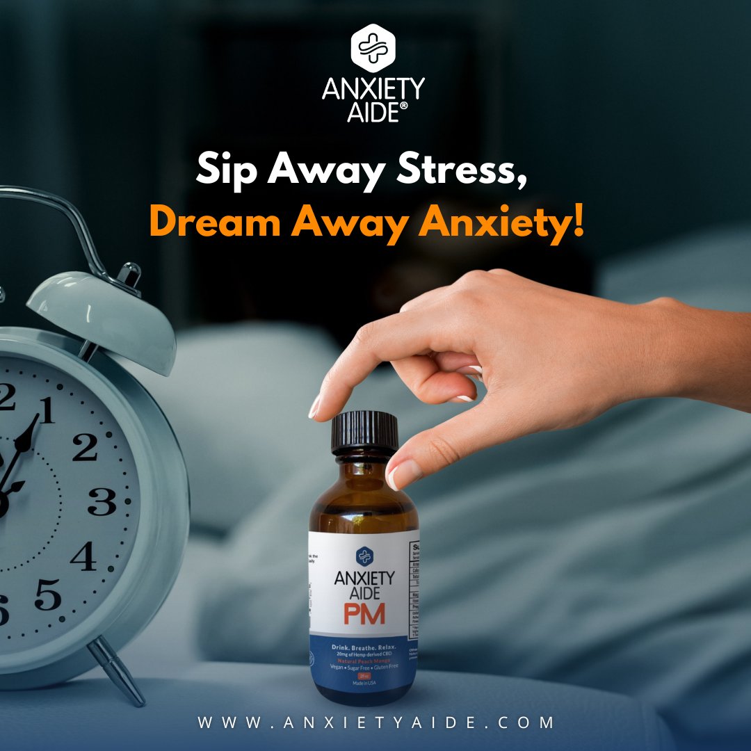 Dreaming of a stress-free night? 😴 
Introducing Anxiety Aide® PM - the ultimate sleep shot packed with natural ingredients like lavender, chamomile, GABA, and a touch of CBD magic. 

Unwind, take a shot, and let the calm vibes roll. 

#AnxietyAidePM #SleepWell #NaturalCalm