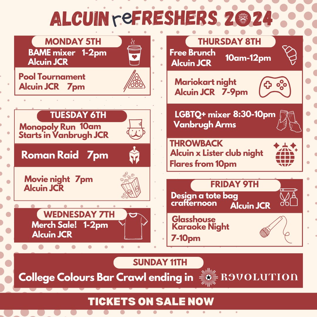 alcuinCSAC's tweet photo. Our full Refreshers 2024 timetable is out now! Tix are just £5 for all our events during the week. https://t.co/mcvxAcTFtv