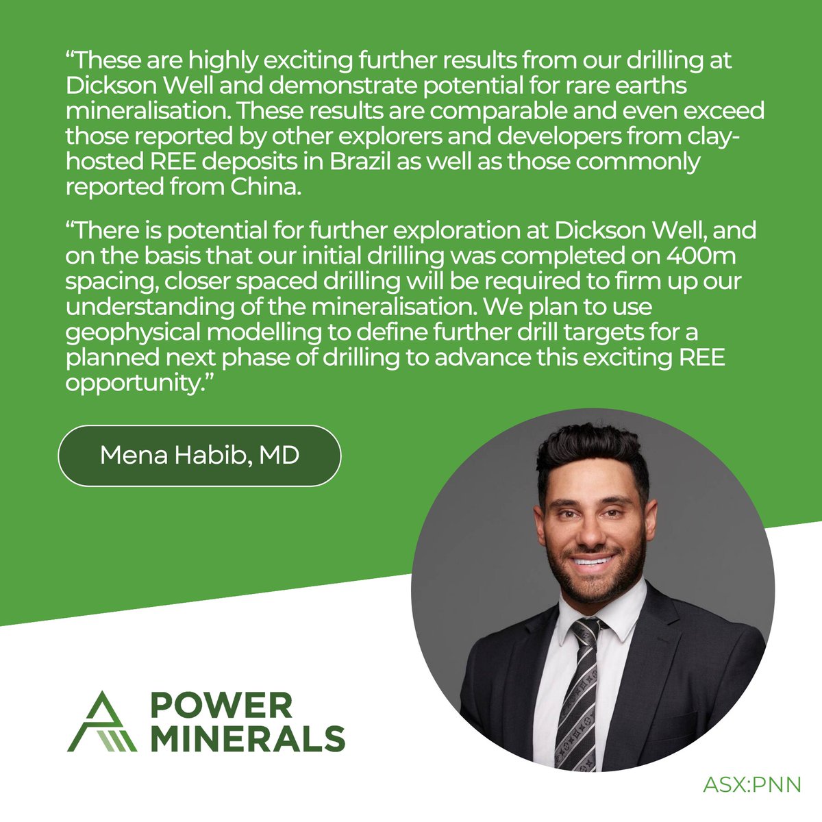 PowerMin_PNN's tweet image. We've received further high-grade #rareearth elements (#REE) results from drilling at our Eyre Peninsula Project in South Australia. Drilling conducted at the Dickson Well target returned exceptionally high results, with up to 14,152ppm of Total Rare Earth Oxide (#TREO)