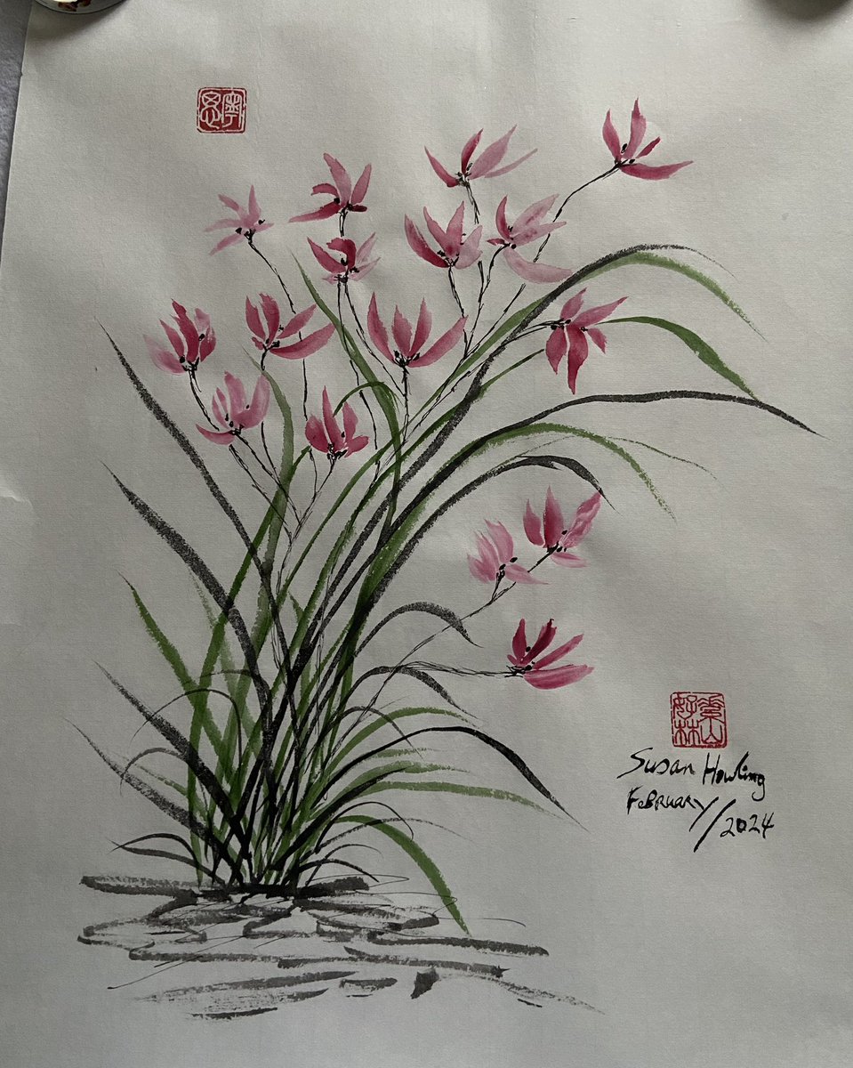 SusanHowling's tweet photo. Pink orchids in watercolour and ink. Top seal means Tranquil Thoughts. https://t.co/0Nv2WOqpRA