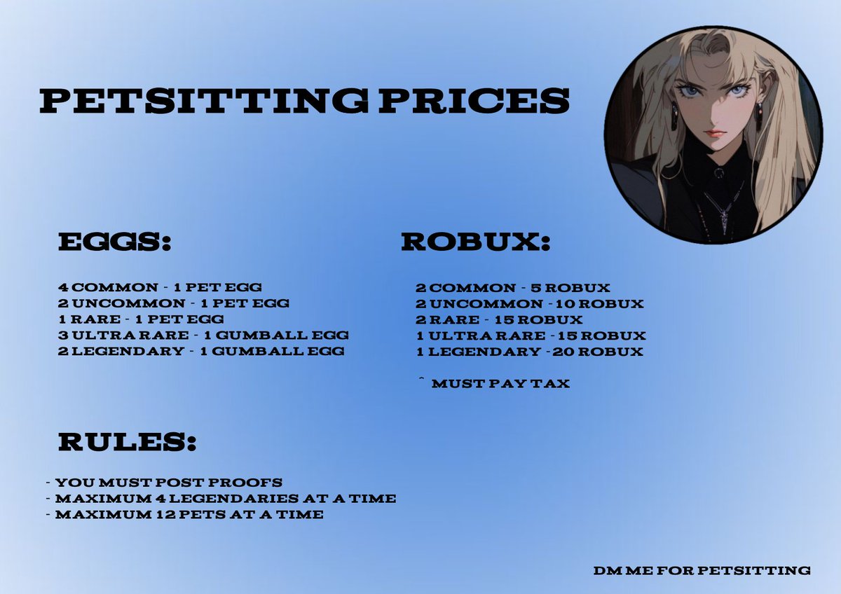 __coozuk's tweet image. After a long break my petsitting has official reopened! 🤍🥹Please be aware my prices have changed! DM me for petsitting :)

#adoptme #Adoptmetrade #adoptmepetsitting #adoptmepets #adoptmeoffer #adoptmegiveaway