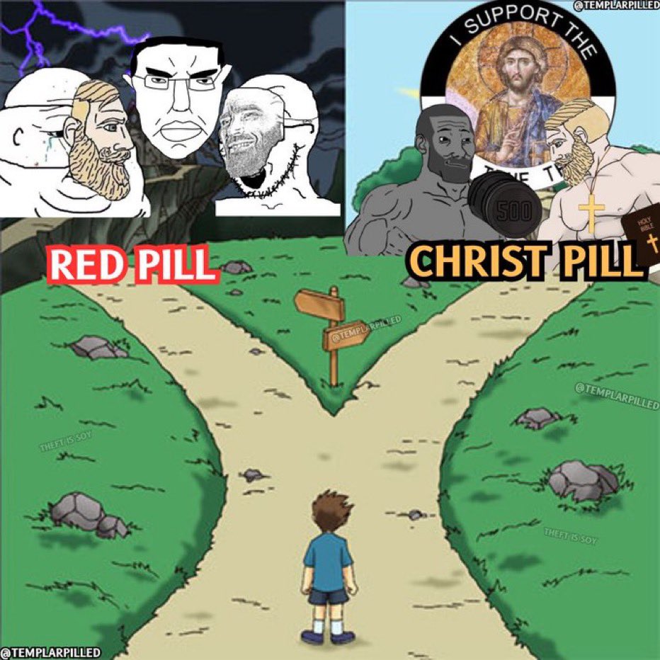 creation247's tweet image. Red Pill:
- Hates God
- Hates women 
- Embraces degeneracy 
- Afraid of marriage 
- Mulitiple STDs
- Paranoid (feminine trait)
- Still hitting the club at age 50

Christ Pill:
- Loves God
- Leads women
- Leads a virtuous life
- Married w/4 kids (great sex life)
- STD Free
- In…