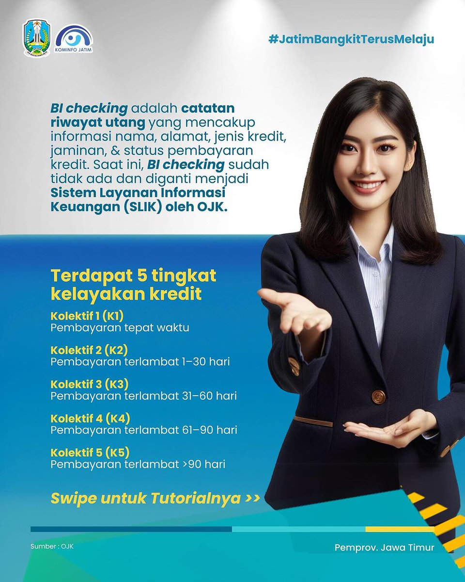 JatimPemprov's tweet photo. Halo #wargajatim
Tidak perlu lagi BI Checking untuk mengetahui catatan hutang Anda.
Sekarang, #wargajatim bisa memeriksanya lewat SLIK OJK yaa!
Ingin tahu lebih lanjut?
Simak infografis berikut  untuk detailnya~
Ada yang sudah pernah coba?
@KhofifahIP 
@EmilDardak https://t.co/mrNsPbhJzF