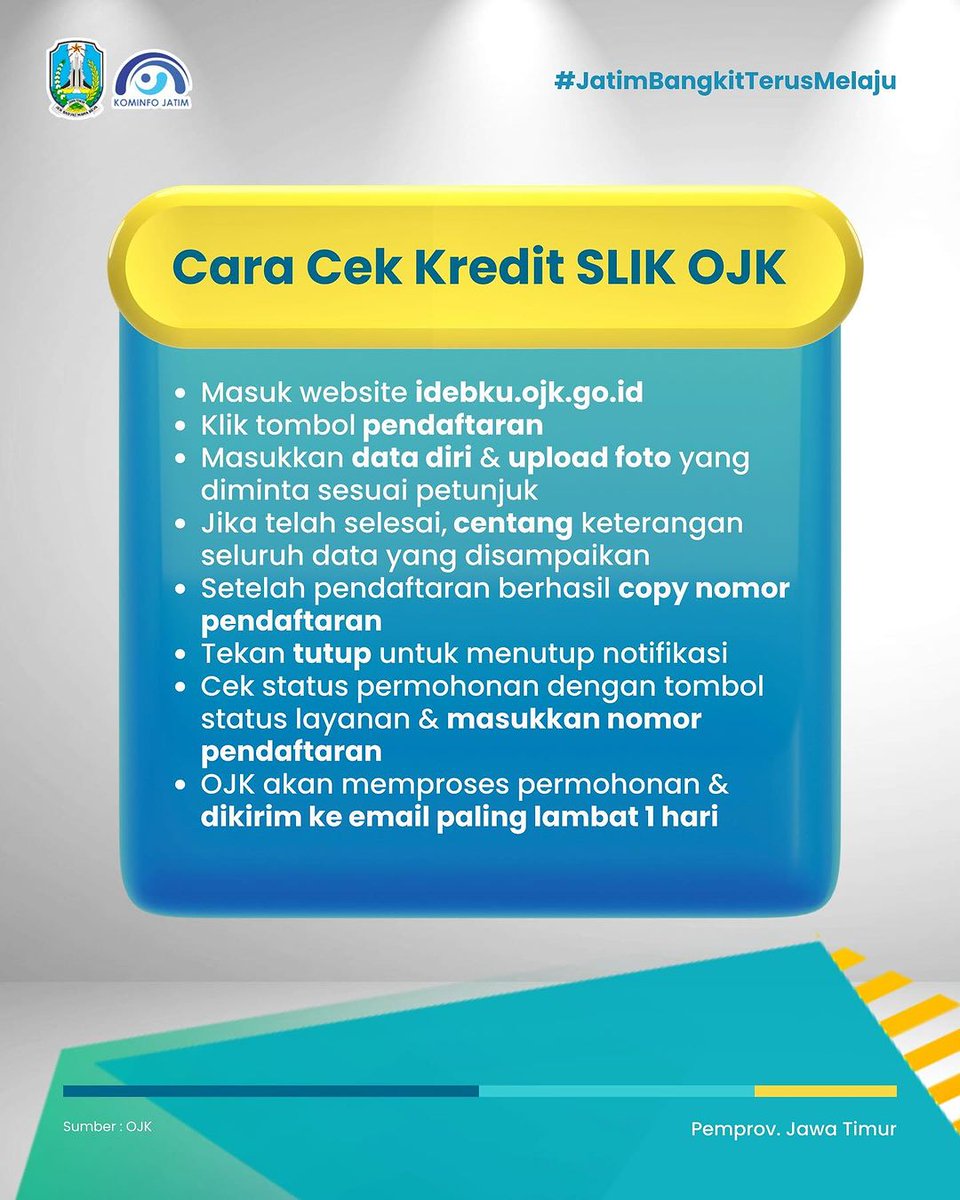 Halo #wargajatim
Tidak perlu lagi BI Checking untuk mengetahui catatan hutang Anda.
Sekarang, #wargajatim bisa memeriksanya lewat SLIK OJK yaa!
Ingin tahu lebih lanjut?
Simak infografis berikut  untuk detailnya~
Ada yang sudah pernah coba?
<a href="/KhofifahIP/">Khofifah Indar Parawansa</a> 
<a href="/EmilDardak/">Emil E Dardak</a>